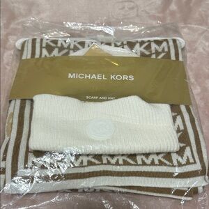 Michael Kors Cream and Brown Logo Scarf and Hat Set